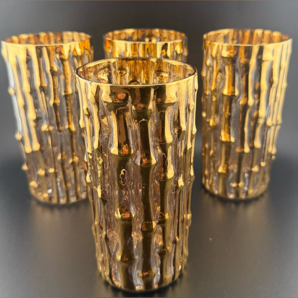 4 Imperial Glass. “Bambu Gold” 14oz raised 24kt gold. Highball - Picture 1 of 15